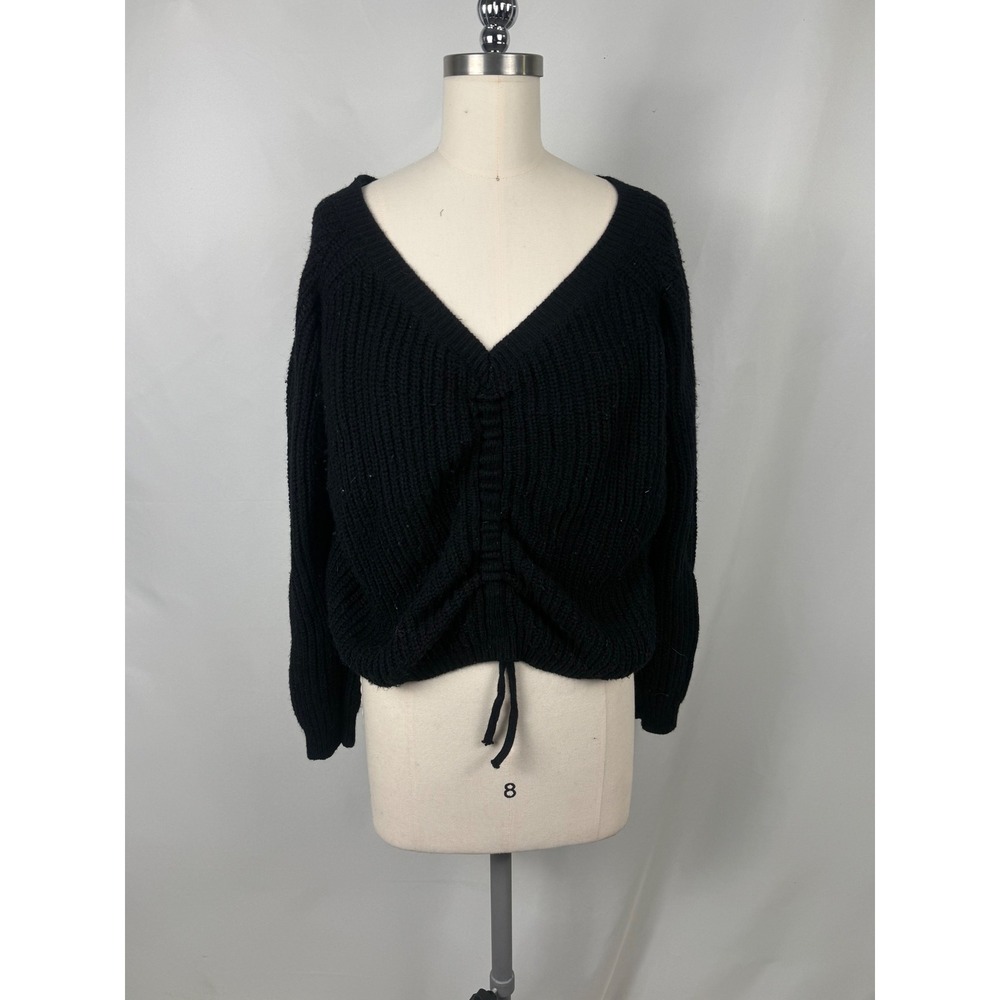Love‎ Tree Large Black Ribbed Knit V-Neck Ruched Drawstring Cropped Sweater